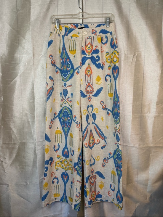 Nisan Pants - Cream Wide-Leg Printed Pants with Blue & Yellow Ikat Motif